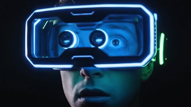 Man wearing futuristic virtual reality headset with glowing neon lights.