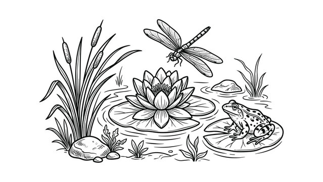 Black and white line art illustration of a pond ecosystem featuring a frog dragonfly and lotus flower.