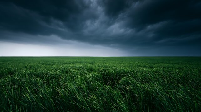 Dramatic stormy sky over a green grassy field