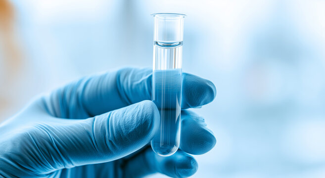 Scientist Hand in Blue Glove Holding Test Tube with Liquid
