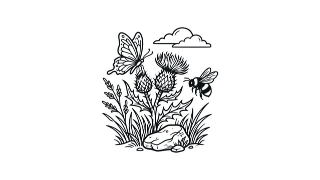Black and white hand drawn illustration of a thistle with a butterfly and a bee.