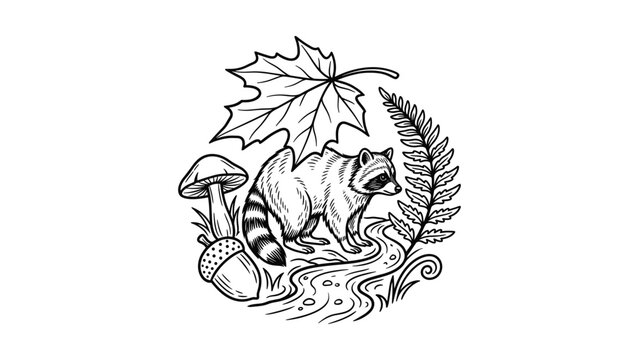 Hand drawn illustration of a cute raccoon in a forest setting.