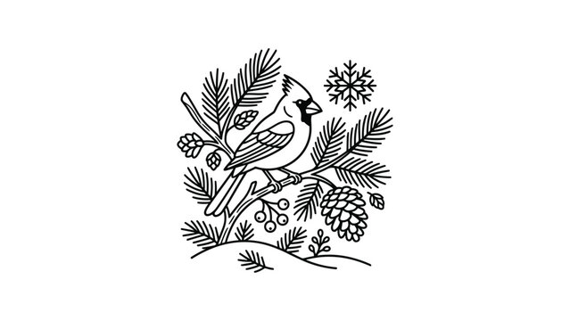 Black and white line art illustration of a northern cardinal bird perched on a pine branch with a snowflake.