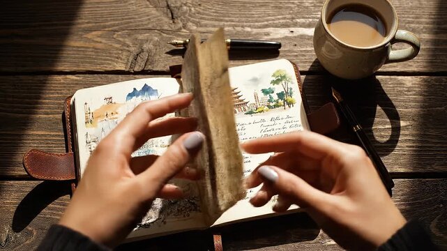 A leather-bound notebook with watercolor sketches of the Eiffel Tower and pagodas sits on a rustic wooden table next to a cup of coffee. Warm sunlight creates a cozy mood. Ideal for travel themes.