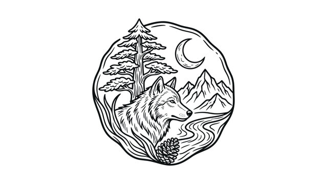 Intricate hand drawn wolf illustration with nature elements in circular frame.