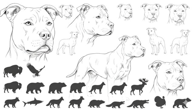 Pitbull terrier sketch drawings set combined with wild animal silhouettes collection featuring bear wolf bison deer shark eagle elements