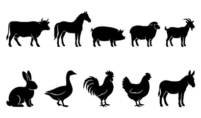 Fototapeta premium Agricultural Farm Animal Silhouettes Set for Rural and Livestock Design Projects