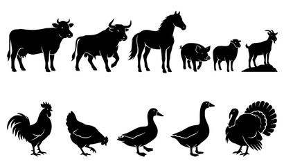 Fototapeta premium Farm Livestock and Poultry Animal Silhouettes Isolated Vector Collection