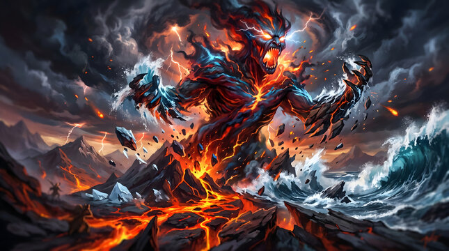 Fiery monster erupts from volcanic landscape with lightning
