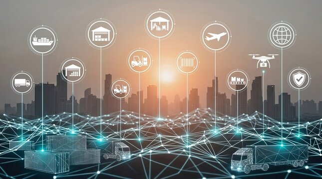 Logistics supply chain smart city global trade transportation network shipping with futuristic digital data mesh over city skyline at sunset illustrating smart distribution and connectivity.
