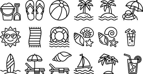 Set of Summer Beach Vacation Doodle Line Art Icons. © nami8