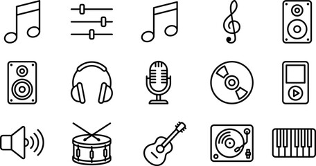 Set of black and white musical instrument and audio equipment line icons. © nami8