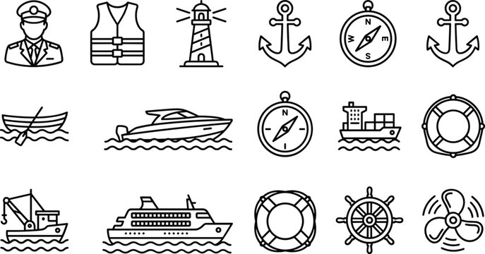 Set of nautical and maritime icons in thin line style.