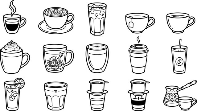 Set of Various Coffee and Tea Drinks Hand Drawn Outline Icons.