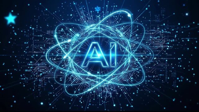 Futuristic Artificial Intelligence AI logo inside a glowing atomic structure on a digital blue background.