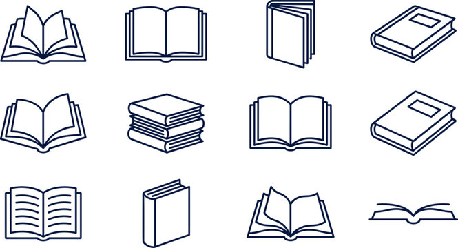 Set of simple linear book icons for education and reading.