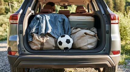 Car trunk packed for a road trip with luggage and sports ball. Outdoor adventure travel preparation. Weekend getaway family vacation concept