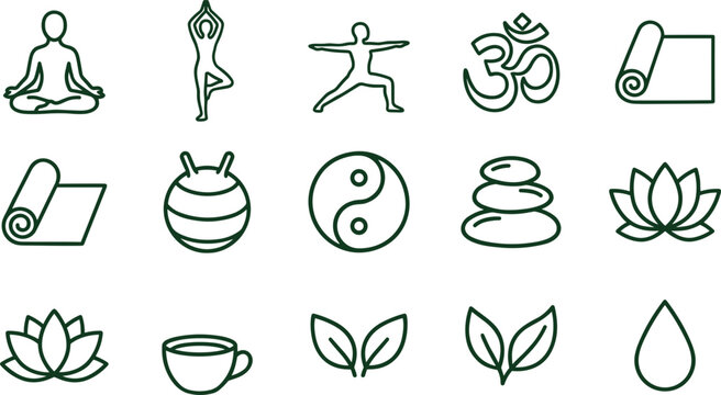 Set of Yoga and Meditation Outline Vector Icons.