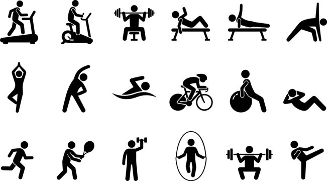 Set of various physical exercise and fitness activity icons.