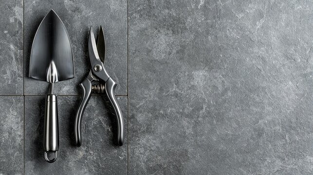 Gardening hand trowel and secateurs set. Tools are metallic silver and arranged on a gray slate tile background.  Setup represents meticulous garden maintenance and cultivation