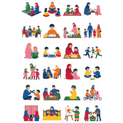 Fototapeta premium Muslim family religious and daily life activities mother father and children praying eating playing.