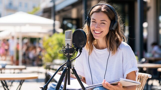 Young woman with headphones records audio with a microphone for a podcast. She smiles while holding a notebook outdoors at a cafe. Concept for online content creation and remote work