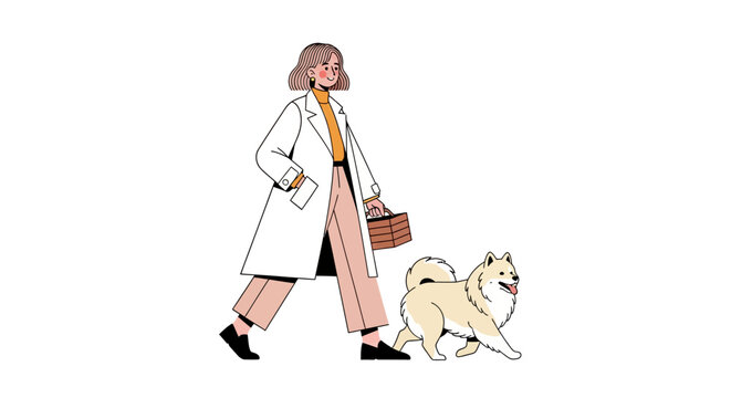 Woman in lab coat walking a fluffy white dog.