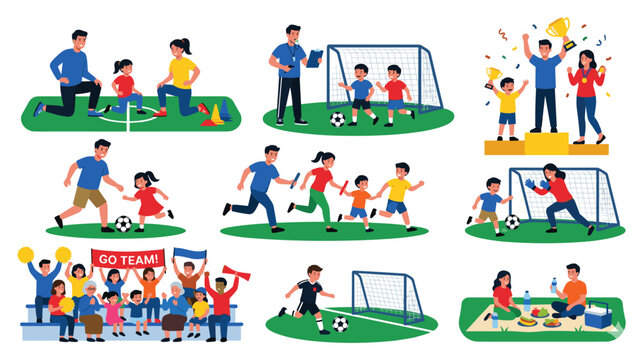 Set of colorful vector illustrations showing children and parents doing sports activity.