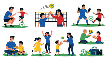 Fototapeta premium People playing volleyball and football, active lifestyle with happy children and senior man.