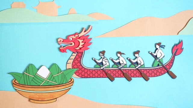Chinese Dragon Boat Festival celebration with traditional dragon boat race and zongzi dumplings