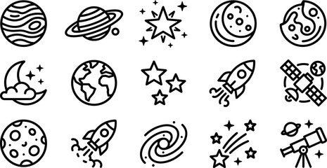 Set of space and astronomy icons with planets and rockets. © Hyiu