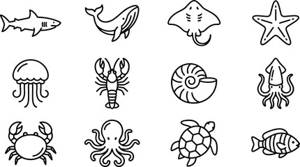 Set of sea creatures and marine life icons in outline style. © Hyiu