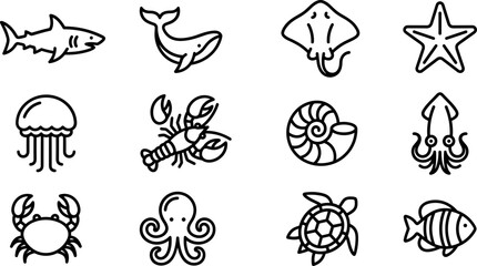 Set of simple black and white marine animal line art icons. © Hyiu