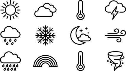 Naklejka premium Set of minimalist line art weather forecast icons.