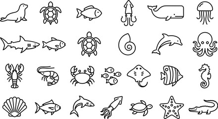 Set of marine life and ocean animals line icons. © Hyiu