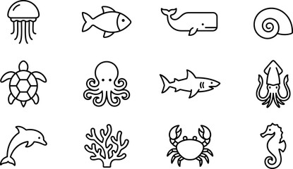 Set of marine life icons and sea animals collection. © Hyiu