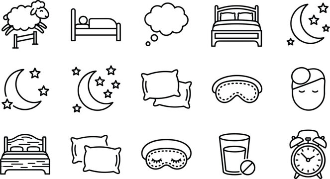 Set of sleep and rest related thin line icons.