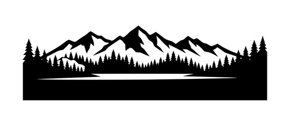 Fototapeta premium Black and White Minimalist Mountain Landscape and Pine Forest Silhouette