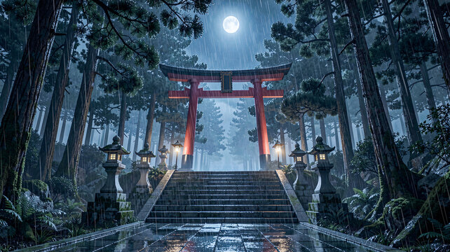 Moonlit Torii Gate and Wet Stone Steps