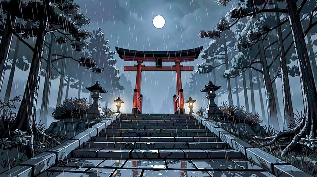 Moonlit Torii Gate and Wet Stone Steps
