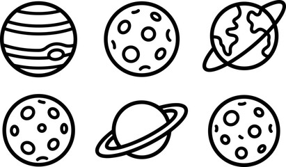 Set of six doodle style planet and moon icons. © Pionn
