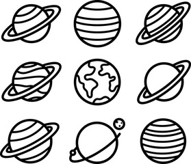 Set of black and white planet icons with rings and surface details. © Pionn