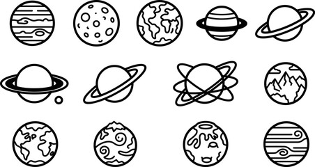 Set of hand drawn planetary icons representing various celestial bodies in the solar system. © Pionn