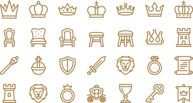 Elegant gold line art vector icons representing royal symbols like crowns, thrones, and ancient heraldic elements