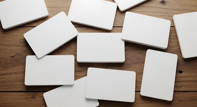 Blank white cards on wooden table.