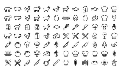 Fototapeta premium Minimal farm animal and food outline icon collection with livestock ingredients and menu vector set