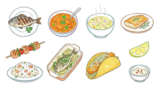 A collection of various delicious fish and seafood dishes, including grilled fish, curry, soup, fried fillet, kebab, baked fish, and a fish taco, served with rice, lemon, and sauce.