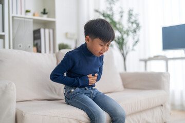 Fototapeta premium Portrait of sick unhappy little child asian boy touching belly stomach with suffering from stomach ache pain, gastritis, gastroenteritis, food poisoning, diarrhea, intestinal inflammation at home