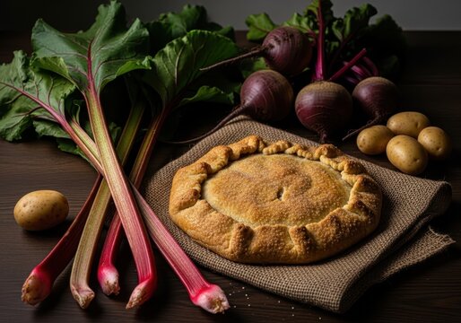 Golden Rhubarb and Beetroot Pie Presented With Fresh Produce on a Wooden Table