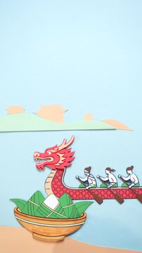 Vertical video of Chinese Dragon Boat Festival celebration with traditional dragon boat race and zongzi dumplings